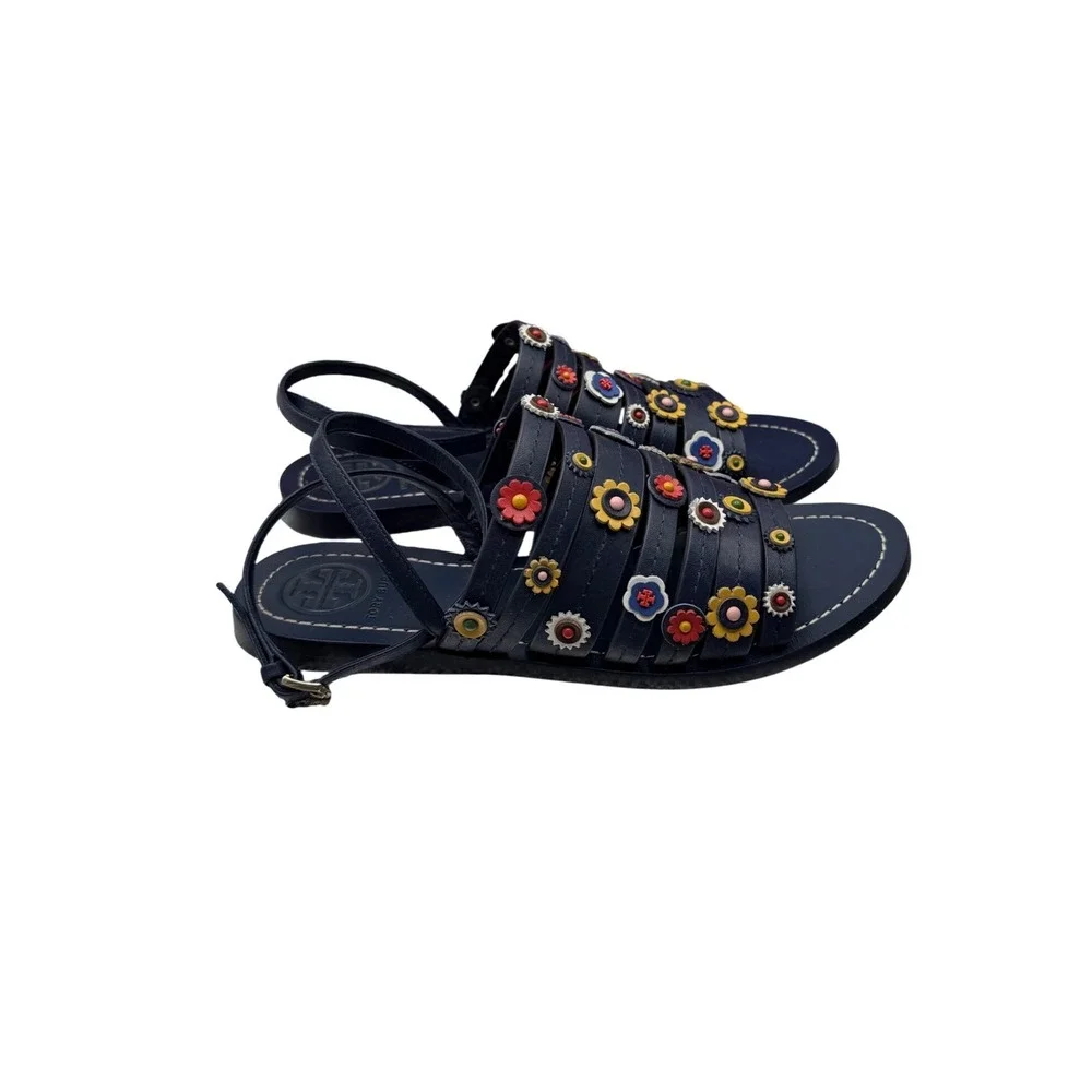 Tory Burch Marguerite Sandals 8 Navy Leather Floral Summer Casual‎ Boho